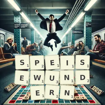 Kreative Illustration für ein Scrabble-Spiel, bei dem das Wort SPEISEWUNDERN mit Steinen auf dem Brett gelegt wurde.