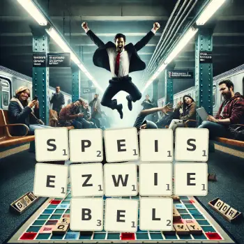 Kreative Illustration für ein Scrabble-Spiel, bei dem das Wort SPEISEZWIEBEL mit Steinen auf dem Brett gelegt wurde.