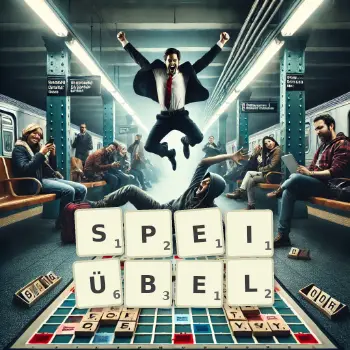 Kreative Illustration für ein Scrabble-Spiel, bei dem das Wort SPEIÜBEL mit Steinen auf dem Brett gelegt wurde.