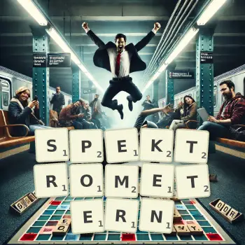 Kreative Illustration für ein Scrabble-Spiel, bei dem das Wort SPEKTROMETERN mit Steinen auf dem Brett gelegt wurde.