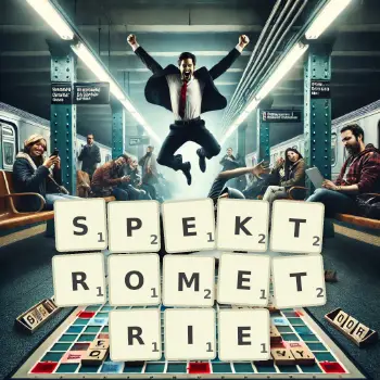 Kreative Illustration für ein Scrabble-Spiel, bei dem das Wort SPEKTROMETRIE mit Steinen auf dem Brett gelegt wurde.