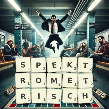 Kreative Illustration für ein Scrabble-Spiel, bei dem das Wort SPEKTROMETRISCH mit Steinen auf dem Brett gelegt wurde.