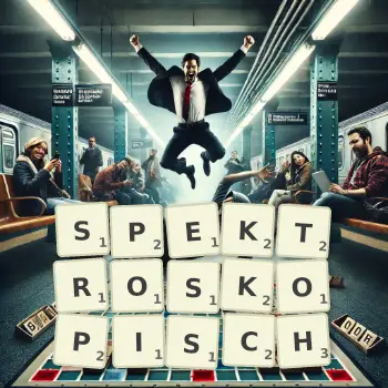 Kreative Illustration für ein Scrabble-Spiel, bei dem das Wort SPEKTROSKOPISCH mit Steinen auf dem Brett gelegt wurde.