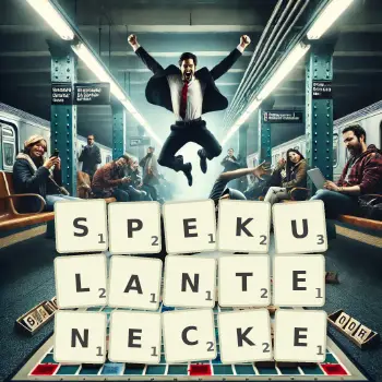 Kreative Illustration für ein Scrabble-Spiel, bei dem das Wort SPEKULANTENECKE mit Steinen auf dem Brett gelegt wurde.