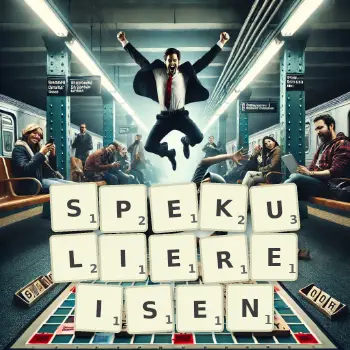 Kreative Illustration für ein Scrabble-Spiel, bei dem das Wort SPEKULIEREISEN mit Steinen auf dem Brett gelegt wurde.