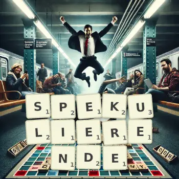 Kreative Illustration für ein Scrabble-Spiel, bei dem das Wort SPEKULIERENDE mit Steinen auf dem Brett gelegt wurde.