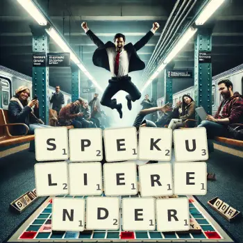 Kreative Illustration für ein Scrabble-Spiel, bei dem das Wort SPEKULIERENDER mit Steinen auf dem Brett gelegt wurde.