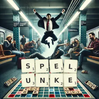 Kreative Illustration für ein Scrabble-Spiel, bei dem das Wort SPELUNKE mit Steinen auf dem Brett gelegt wurde.