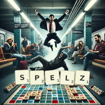 Kreative Illustration für ein Scrabble-Spiel, bei dem das Wort SPELZ mit Steinen auf dem Brett gelegt wurde.