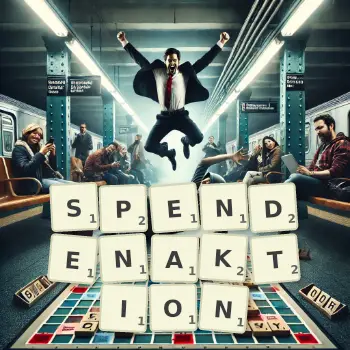 Kreative Illustration für ein Scrabble-Spiel, bei dem das Wort SPENDENAKTION mit Steinen auf dem Brett gelegt wurde.