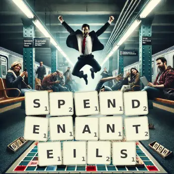 Kreative Illustration für ein Scrabble-Spiel, bei dem das Wort SPENDENANTEILS mit Steinen auf dem Brett gelegt wurde.