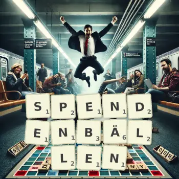 Kreative Illustration für ein Scrabble-Spiel, bei dem das Wort SPENDENBÄLLEN mit Steinen auf dem Brett gelegt wurde.