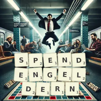 Kreative Illustration für ein Scrabble-Spiel, bei dem das Wort SPENDENGELDERN mit Steinen auf dem Brett gelegt wurde.
