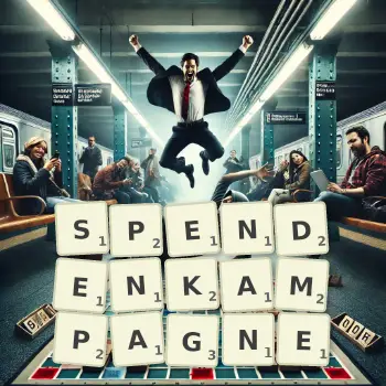 Kreative Illustration für ein Scrabble-Spiel, bei dem das Wort SPENDENKAMPAGNE mit Steinen auf dem Brett gelegt wurde.