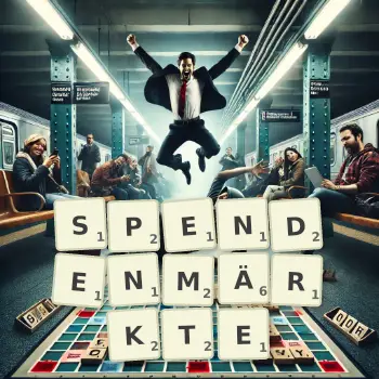 Kreative Illustration für ein Scrabble-Spiel, bei dem das Wort SPENDENMÄRKTE mit Steinen auf dem Brett gelegt wurde.