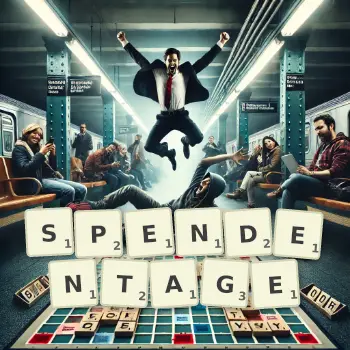 Kreative Illustration für ein Scrabble-Spiel, bei dem das Wort SPENDENTAGE mit Steinen auf dem Brett gelegt wurde.