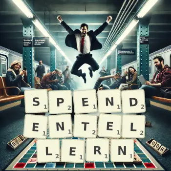 Kreative Illustration für ein Scrabble-Spiel, bei dem das Wort SPENDENTELLERN mit Steinen auf dem Brett gelegt wurde.