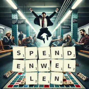 Kreative Illustration für ein Scrabble-Spiel, bei dem das Wort SPENDENWELLEN mit Steinen auf dem Brett gelegt wurde.