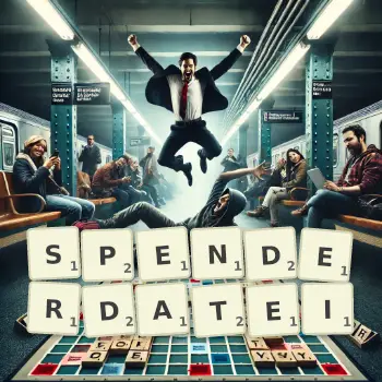 Kreative Illustration für ein Scrabble-Spiel, bei dem das Wort SPENDERDATEI mit Steinen auf dem Brett gelegt wurde.