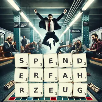 Kreative Illustration für ein Scrabble-Spiel, bei dem das Wort SPENDERFAHRZEUG mit Steinen auf dem Brett gelegt wurde.