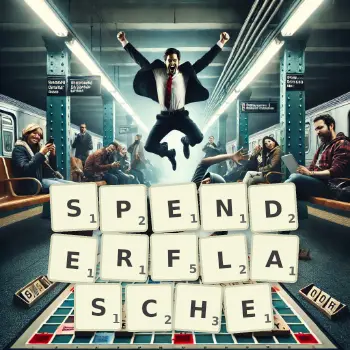 Kreative Illustration für ein Scrabble-Spiel, bei dem das Wort SPENDERFLASCHE mit Steinen auf dem Brett gelegt wurde.