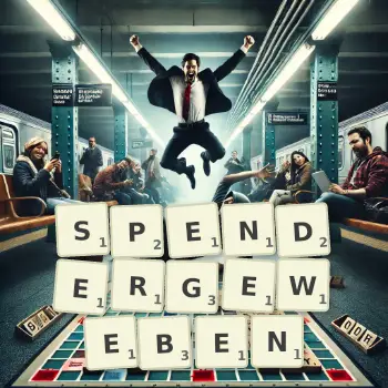 Kreative Illustration für ein Scrabble-Spiel, bei dem das Wort SPENDERGEWEBEN mit Steinen auf dem Brett gelegt wurde.