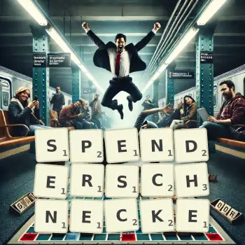 Kreative Illustration für ein Scrabble-Spiel, bei dem das Wort SPENDERSCHNECKE mit Steinen auf dem Brett gelegt wurde.