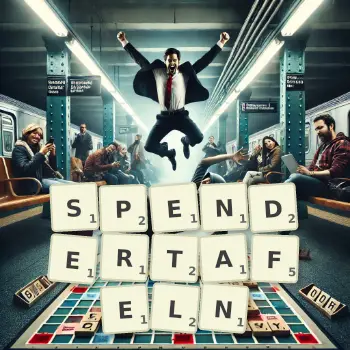 Kreative Illustration für ein Scrabble-Spiel, bei dem das Wort SPENDERTAFELN mit Steinen auf dem Brett gelegt wurde.