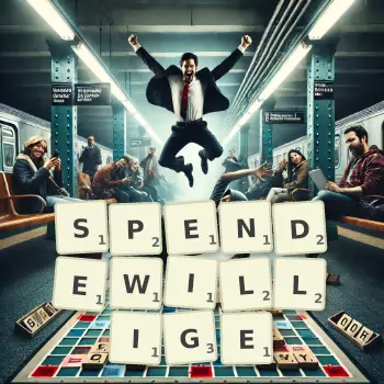 Kreative Illustration für ein Scrabble-Spiel, bei dem das Wort SPENDEWILLIGE mit Steinen auf dem Brett gelegt wurde.