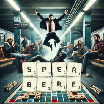 Kreative Illustration für ein Scrabble-Spiel, bei dem das Wort SPERBERE mit Steinen auf dem Brett gelegt wurde.