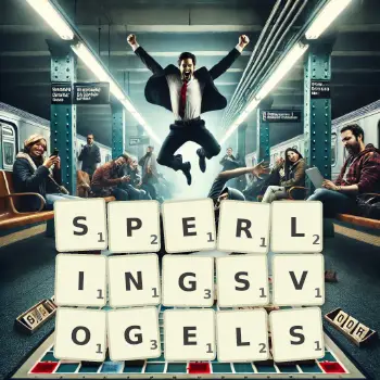 Kreative Illustration für ein Scrabble-Spiel, bei dem das Wort SPERLINGSVOGELS mit Steinen auf dem Brett gelegt wurde.