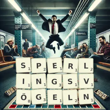 Kreative Illustration für ein Scrabble-Spiel, bei dem das Wort SPERLINGSVÖGELN mit Steinen auf dem Brett gelegt wurde.