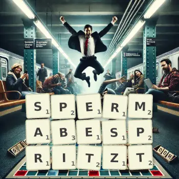 Kreative Illustration für ein Scrabble-Spiel, bei dem das Wort SPERMABESPRITZT mit Steinen auf dem Brett gelegt wurde.