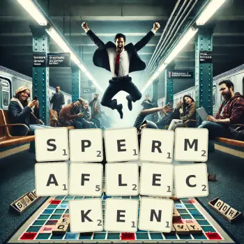Kreative Illustration für ein Scrabble-Spiel, bei dem das Wort SPERMAFLECKEN mit Steinen auf dem Brett gelegt wurde.