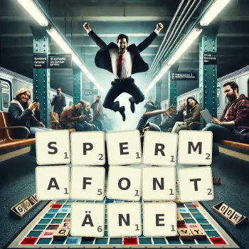 Kreative Illustration für ein Scrabble-Spiel, bei dem das Wort SPERMAFONTÄNE mit Steinen auf dem Brett gelegt wurde.