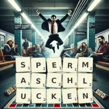 Kreative Illustration für ein Scrabble-Spiel, bei dem das Wort SPERMASCHLUCKEN mit Steinen auf dem Brett gelegt wurde.