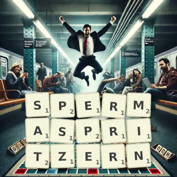 Kreative Illustration für ein Scrabble-Spiel, bei dem das Wort SPERMASPRITZERN mit Steinen auf dem Brett gelegt wurde.
