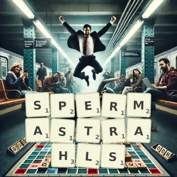 Kreative Illustration für ein Scrabble-Spiel, bei dem das Wort SPERMASTRAHLS mit Steinen auf dem Brett gelegt wurde.