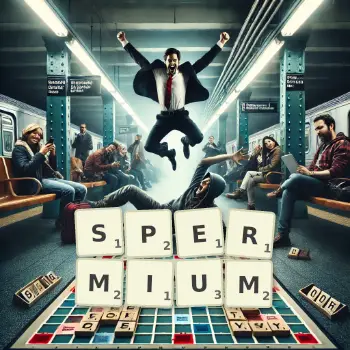 Kreative Illustration für ein Scrabble-Spiel, bei dem das Wort SPERMIUM mit Steinen auf dem Brett gelegt wurde.