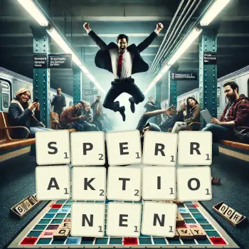Kreative Illustration für ein Scrabble-Spiel, bei dem das Wort SPERRAKTIONEN mit Steinen auf dem Brett gelegt wurde.