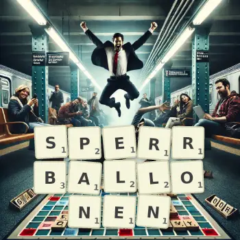 Kreative Illustration für ein Scrabble-Spiel, bei dem das Wort SPERRBALLONEN mit Steinen auf dem Brett gelegt wurde.