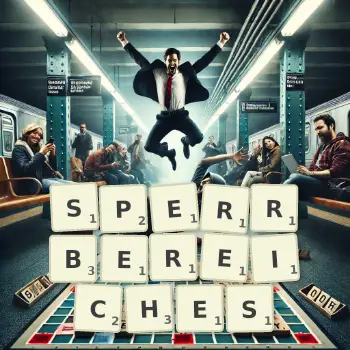 Kreative Illustration für ein Scrabble-Spiel, bei dem das Wort SPERRBEREICHES mit Steinen auf dem Brett gelegt wurde.