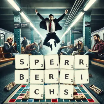 Kreative Illustration für ein Scrabble-Spiel, bei dem das Wort SPERRBEREICHS mit Steinen auf dem Brett gelegt wurde.