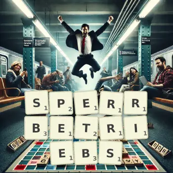 Kreative Illustration für ein Scrabble-Spiel, bei dem das Wort SPERRBETRIEBS mit Steinen auf dem Brett gelegt wurde.