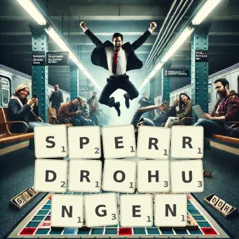 Kreative Illustration für ein Scrabble-Spiel, bei dem das Wort SPERRDROHUNGEN mit Steinen auf dem Brett gelegt wurde.