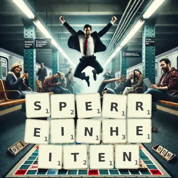 Kreative Illustration für ein Scrabble-Spiel, bei dem das Wort SPERREINHEITEN mit Steinen auf dem Brett gelegt wurde.