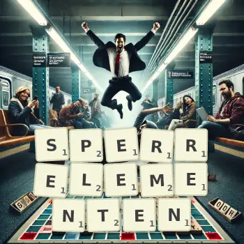 Kreative Illustration für ein Scrabble-Spiel, bei dem das Wort SPERRELEMENTEN mit Steinen auf dem Brett gelegt wurde.