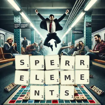 Kreative Illustration für ein Scrabble-Spiel, bei dem das Wort SPERRELEMENTS mit Steinen auf dem Brett gelegt wurde.