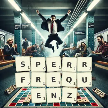 Kreative Illustration für ein Scrabble-Spiel, bei dem das Wort SPERRFREQUENZ mit Steinen auf dem Brett gelegt wurde.