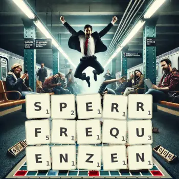 Kreative Illustration für ein Scrabble-Spiel, bei dem das Wort SPERRFREQUENZEN mit Steinen auf dem Brett gelegt wurde.